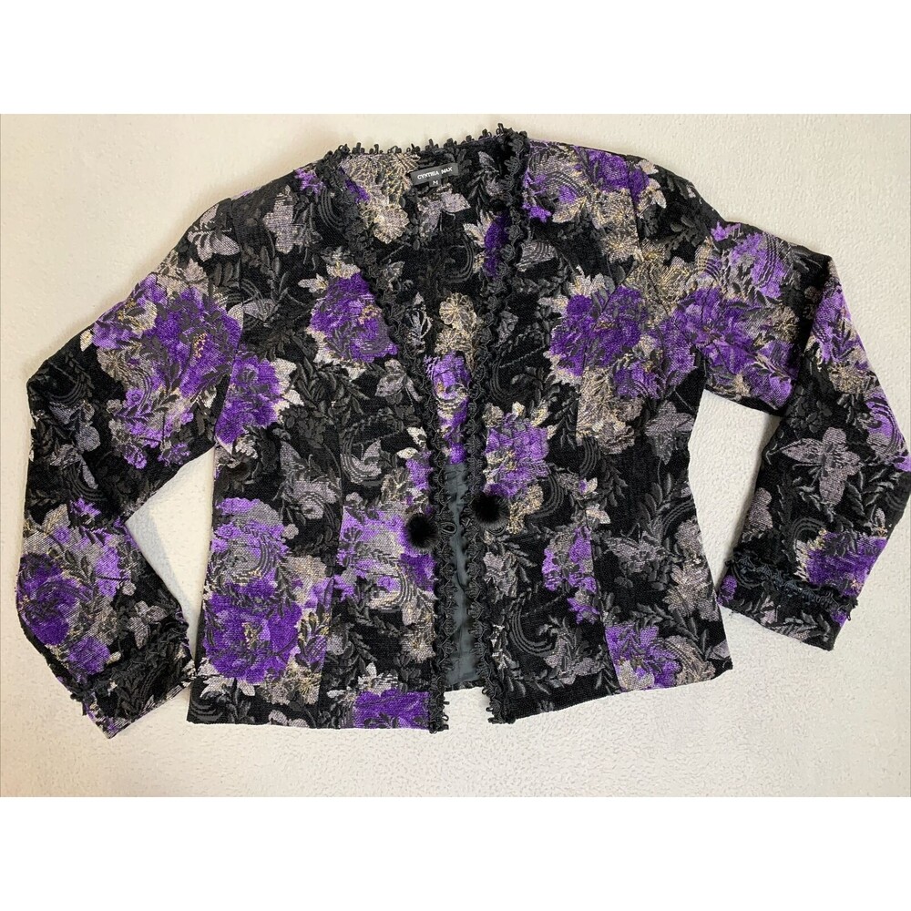 Cynthia Max Jacket Women’s Size Medium Black Floral Button Long‎ Sleeve Shacket